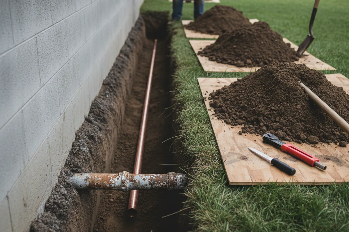 Excavated water line trench during Water Heater Repair in Muldoon